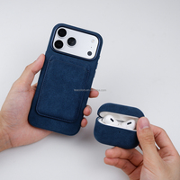 Étui de téléphone de luxe en cuir véritable Alcantara bleu avec aimant puissant pour iPhone 17 18 Pro Max