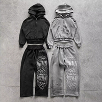 Ensemble de survêtement en molleton de coton épais, imprimé personnalisé, avec sweat à capuche et pantalon de survêtement, coupe oversize et ample pour homme