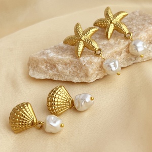 Fashion Premium 18K Gold Plated Stainless Steel Jewelry Custom Women Elegant Shell and Starfish Irregularity <b>Pearl</b> <b>Drop</b> <b>Earrings</b> - Product Image 4