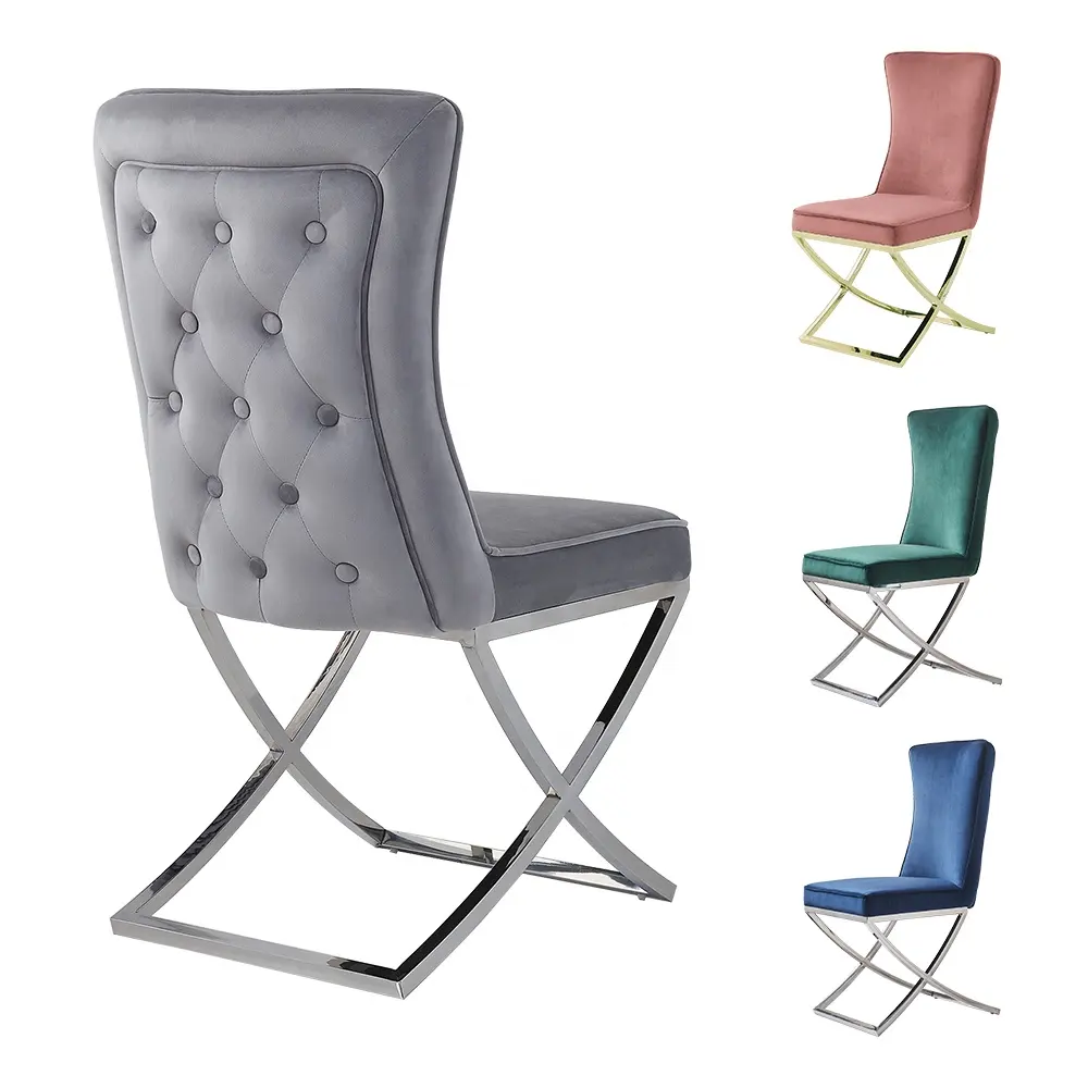 Francese grigio di velluto imbottito pulsante della decorazione della sala da pranzo sedia moderna in acciaio inox gamba in tessuto sedia da pranzo