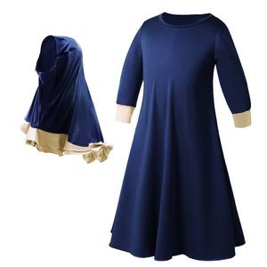 X101 enfants modeste deux pièces ensemble filles à manches longues <span class=keywords><strong>feuille</strong></span> <span class=keywords><strong>de</strong></span> Lotus dentelle robe nœud foulard enfants Abayas coton vêtements musulmans - Product Image 5