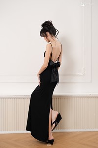 Robe longue dos nu pour femme en coton extensible à bretelles spaghetti et nœud amovible – Vente en gros ET3326 - Product Image 6