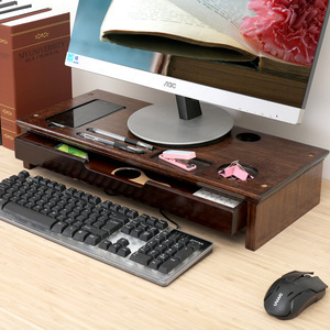 Computer Monitor Riser Stand Double Drawer Walnut Wood <b>Desktop</b> Storage Organizer Office Desk <b>Shelf</b> Rectangle Standing Type - Product Image 3