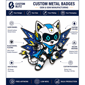 Pin de esmalte duro personalizado Cyber Cat Robot, insignia de solapa de metal con purpurina negra y rayo, OEM ODM - Product Image 4