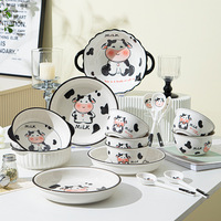 Ensemble de bols et assiettes en céramique pour enfants, style Instagram mignon, série Dudu Cow, compatible micro-ondes, vaisselle de table pour la maison