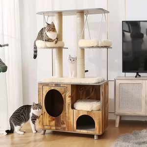 Luxo moderno <span class=keywords><strong>Cat</strong></span> <span class=keywords><strong>Tree</strong></span> Tower Wood Pet House com Climb Frame Litter Box Contemporâneo Animal Padrão <span class=keywords><strong>Scratcher</strong></span> Casa para Gatos - Product Image 5