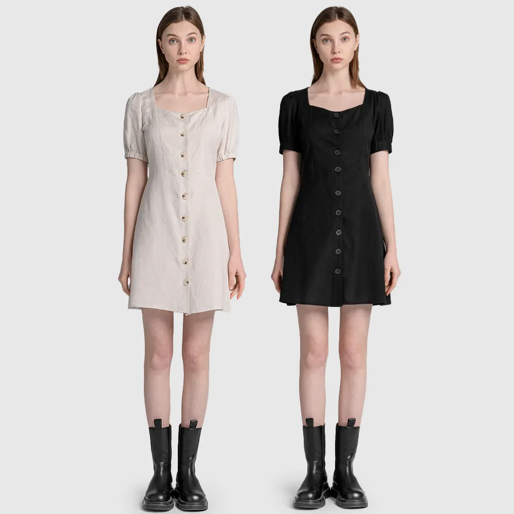 2022 summer elegant female vintage square collar short sleeve women black loose cotton linen mini casual dress