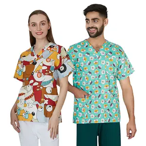 V-neck Dental clinic scrubs tops Floral printing Pet doctor nurse uniforms hospital nursing scrubs tops medical scrubs workwear doctor costume