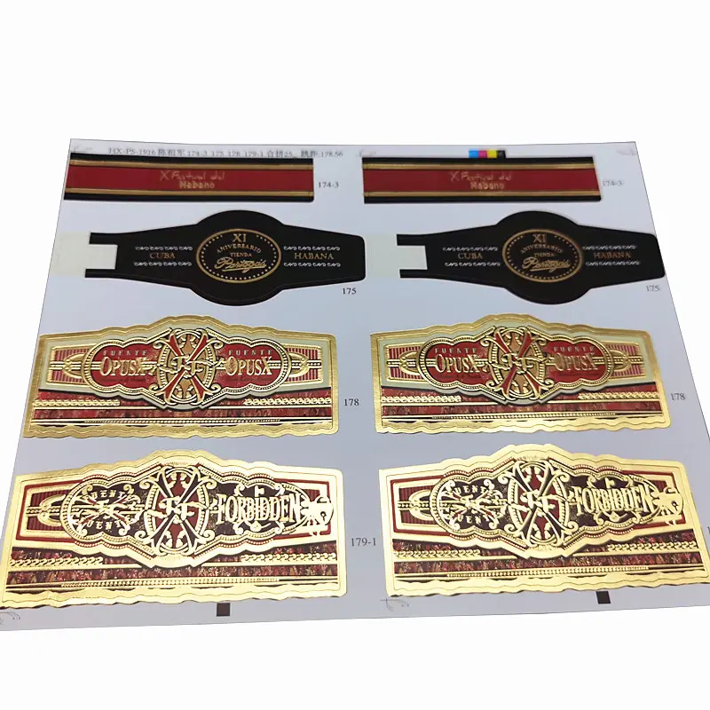 Custom Art Paper Gold Foil Eight Types Cigar Bands Label Sticker Sheet Printing