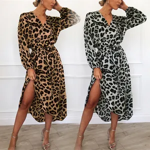 Ropa de mujer nueva falda de mujer estampado de leopardo cuello pico manga larga con cordones vestidos casuales vestido de mujer