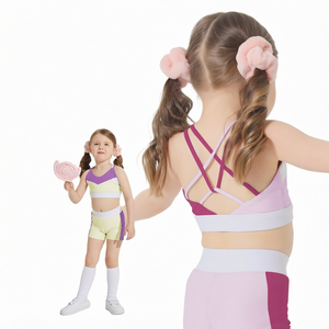 Ensemble de yoga 2 pièces pour filles : Soutien-gorge de sport et short color block, haut court dos croisé, en Spandex/Polyester, séchage rapide - Product Image 1