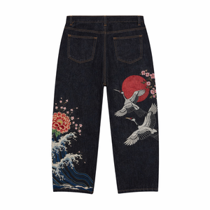 กางเกงยีนส์เดนิมทรงตรงสำหรับผู้ชาย OEM ปักลายปลาคาร์ฟ ซากุระ และลายวัด - Product Image 2