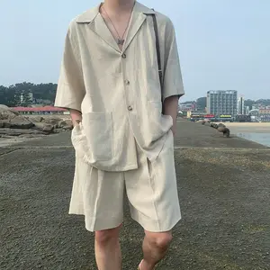 Linho masculino de manga curta camisa conjunto de linho verão solto casual camisa de linho de algodão conjunto masculino