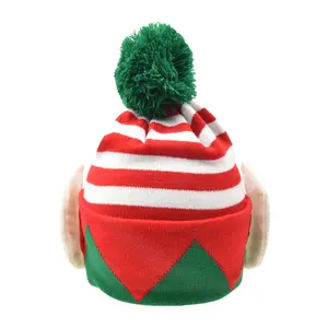 针织冬季精灵豆豆儿童圣诞绿色红色白色豆豆钩针精灵耳朵家庭圣诞帽圣诞精灵绒球帽