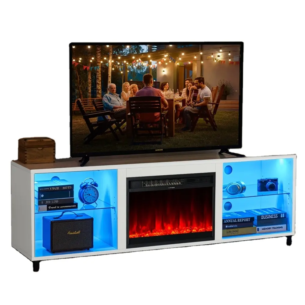 Suporte de TV LED moderno com prateleiras de vidro ajustáveis para TV de até 78 "", com lareira, branco