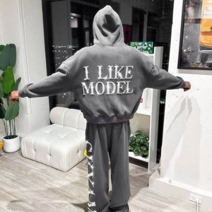Sudadera de Felpa Francesa Gruesa 100% Algodón Transpirable con Cremallera y Pedrería, Estilo Y2K Urbano Vintage con Lavado Ácido, Holgada y Personalizada para Hombre - Product Image 3