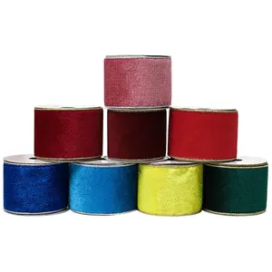 Gordon Ribbons factory wholesale christmas tree red velvet color ribbon 6.3cm gold wired metallic velvet ribbon for decoration