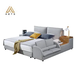 豪华多功能储物现代卧室家具特大床带两人座沙发柔软灰色织物床