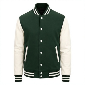 <b>Men's</b> Varsity Jacket Green <b>White</b> Sleeve Stand Collar Button Front Casual Winter <b>Coat</b> OEM Service - Product Image 4