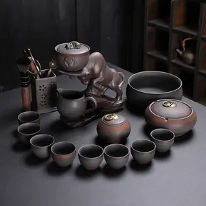 Set Teh Kung Fu Tembikar Ungu Set Teh Otomatis Hadiah High-End Pembuatan Teh Antik Berputar Mengeluarkan Keramik
