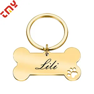 Bán buôn biểu tượng tùy chỉnh trống kim loại xương hình vàng thép không gỉ Pet ID Dog Tag với chuỗi cho khắc