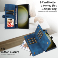 Dompet Kulit PU untuk Samsung S24 Plus, 9 Slot Kartu + Kantong Koin Ber-resleting, Penyangga, Pemblokir RFID, 360 °   Perlindungan