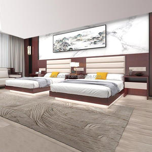 Modern 3 Star Hotel Twin Bedroom Furniture Set with Upholstered <b>Headboards</b> Wooden Platform Bed Frame Integrated And Nightstands - Product Image 5