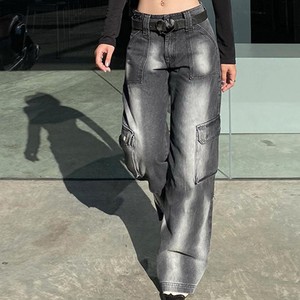 <span class=keywords><strong>Jeans</strong></span> da <span class=keywords><strong>Donna</strong></span> Casual Comodi con Logo Personalizzato, Stile Hip Hop Streetwear, <span class=keywords><strong>Cargo</strong></span> Baggy a Vita Media con Tasche Multiple - Product Image 2