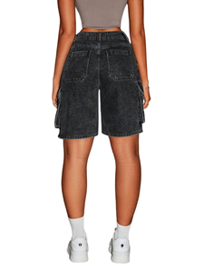 OEM/ODM Pantalones Cortos Cargo de Mezclilla Negra Lavada Estilo Vintage para <span class=keywords><strong>Mujer</strong></span>, de Cintura Alta, Estilo Urbano, <span class=keywords><strong>Bermuda</strong></span> Casual, Utilitarios, Transpirables, Ecológicos, Tallas Grandes - Product Image 2