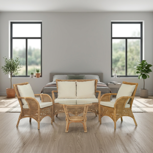 Ensemble de salon contemporain en rotin avec canapé, fauteuils et table basse, meubles de maison modernes faits à la main - Product Image 1