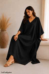 Black Linen Cotton <b>Kaftan</b> Dress Women Maxi A-Line V-neck Eco-Friendly Belt Boho Resort Vacation Beach Wear B2B Wholesale Supply - Product Image 2
