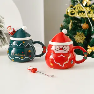 クリエイティブクリスマスカップセラミックカップ蓋とスプーン付き大容量マグカップ漫画サンタクロースギフトカップ