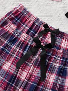 Conjunto <span class=keywords><strong>de</strong></span> Pijama <span class=keywords><strong>de</strong></span> Tres Piezas para Mujer, <span class=keywords><strong>Pantalones</strong></span> a Cuadros Rosa y Morado, Camisola <span class=keywords><strong>de</strong></span> Color Sólido, Ropa Casual para el Hogar, Venta al Por Mayor - Product Image 4