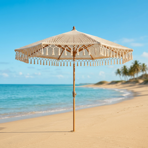 Sombrilla de Playa Bohemia de Macramé con Borlas de Ganchillo, Poste de Madera Manual, Panel de Pongee, Toldo de Algodón, 120 cm de Diámetro Abierto, 12 Varillas, Ideal para Viajes - Product Image 2