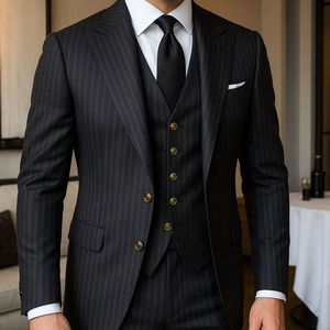 Traje <span class=keywords><strong>de</strong></span> Hombre <span class=keywords><strong>de</strong></span> Alta Gama Personalizado con Cuello en V, Negro, para Banquetes y Bodas, 100% Lana, Talla Grande, Corte Entallado, Transpirable, Teñido, con Cremallera Impermeable - Product Image 1