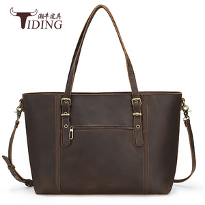 Tiding Genuine Leather Women's Tote Bag Large Capacity Shoulder Bag Dark Brown Top Layer Cowhide Horizontal <b>Square</b> Zipper - Product Image 1