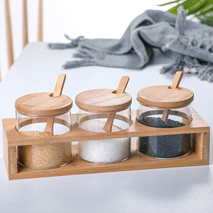 Modern Japanese-Style Transparent Glass Bamboo Wooden Lid Seasoning Jar Dustproof Kitchen Sugar Salt Box Food Storage Container