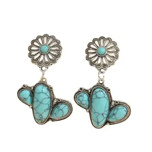Creative Women's ear accessories Handmade old alloy earrings silver plated Sunflower cactus turquoise ear studs