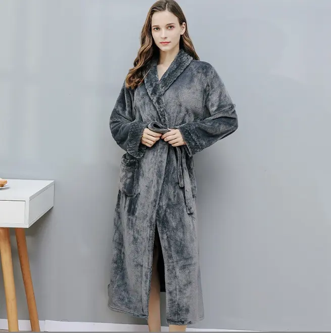 Women's Autumn and Winter Long Coral Velvet Plush Thickened Couple Bathrobe Flannel Men's Pajamas Winter Home Clothing