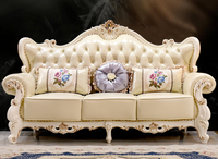 Sofá Seccional de Cuero Europeo de Alta Gama, Madera Maciza Tallada, Estilo Lujoso, Blanco, Completamente Ensamblado, Duradero, para Sala de Estar de Hotel