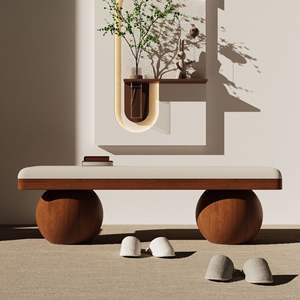 Banc d'entrée de style chinois en bois massif, design boule ronde, gain de place, banc de bout de lit pour chambre à coucher, utilisation polyvalente - Product Image 4