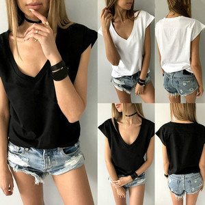 T-shirt estiva <span class=keywords><strong>basic</strong></span> bianca e nera da donna, casual a maniche corte, sexy con scollo a V profondo, traspirante con stampa. - Product Image 2