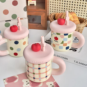 Creative pink Milk Coffee Cup Cute apple Mug Ceramic Water Mug with Straw - Product Image 1