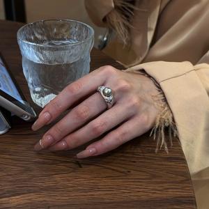 S925 Pure Silver Luxury Diamond Set Black Diamonds Embellished Variety Hemp Gray <b>Pearl</b> <b>Rings</b> Light Luxury Vintage Style - Product Image 2