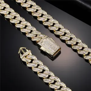 Hip Hop 13MM Baguette Diamond Cuban Link Chain Bling Iced Out AAA+ Cubic Zirconia Bracelet Necklace Men Women Rapper Jewelry