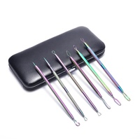 Kit de 6 outils pour éliminer les points noirs et les boutons, en acier inoxydable forgé à la main, couleur arc-en-ciel, avec sac en PU, écologique, ISO