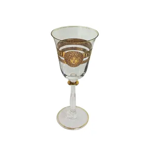 Customized vintage Lead Free Crystal wine glasses thin ribbed goblet glass Red Wine Glass with golden trim