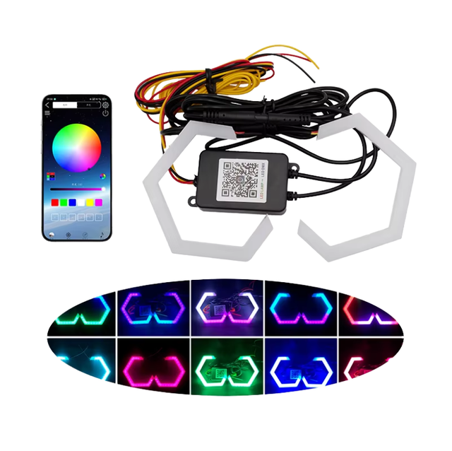 New 12V RGB APP Control LED Hexagon Angel Eyes Halo Rings Retrofit Headlight for Car Motorcycle White DRL Turn Signal