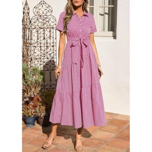 FOXA Women's Summer Maxi Button Up Shirt Dress Short Sleeve Striped A Line Flowy Elegant Spring Casual Dress - Product Image 3
