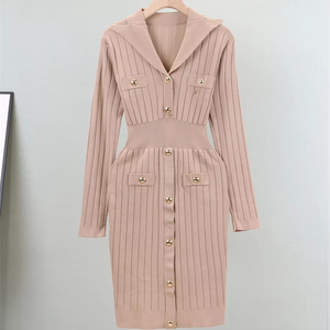 Abito Elegante da Donna a Linea A, Stile Francese, a Maniche Lunghe, in Maglia Traspirante, Tinta Unita, con Bottoni, Stile Semplice e Casual, per Autunno e Inverno - Product Image 2